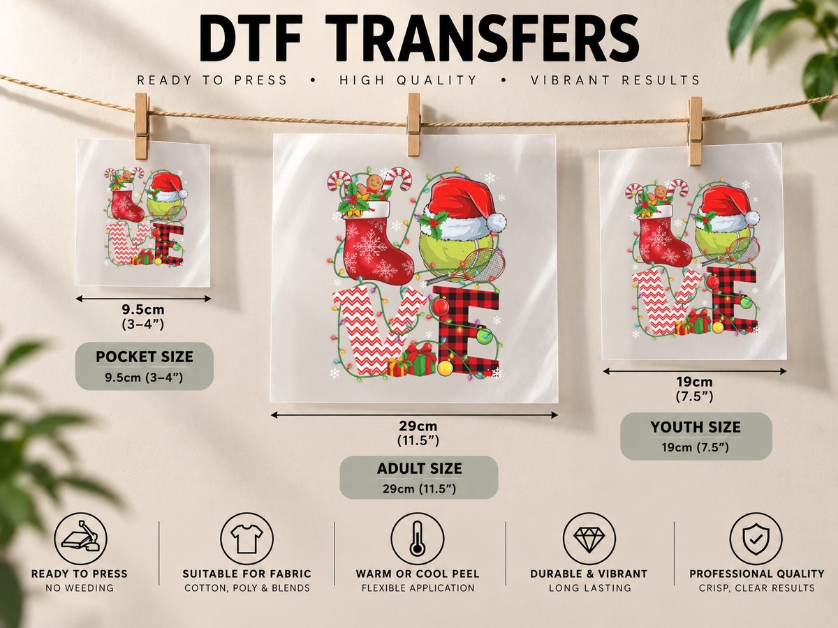 Funny Love Tennis Ball Santa Hat Christmas Lights Xmas Pjs DTF Transfer Iron On
