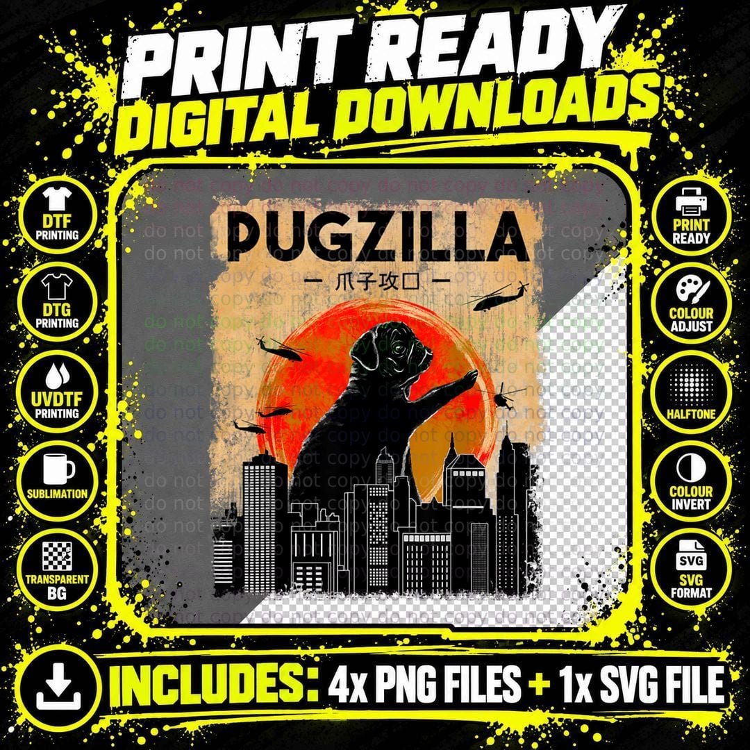 Funny Pug Dog Pugzilla Christmas Gifts for Pug Lover Men Png SVG Digital Bundle
