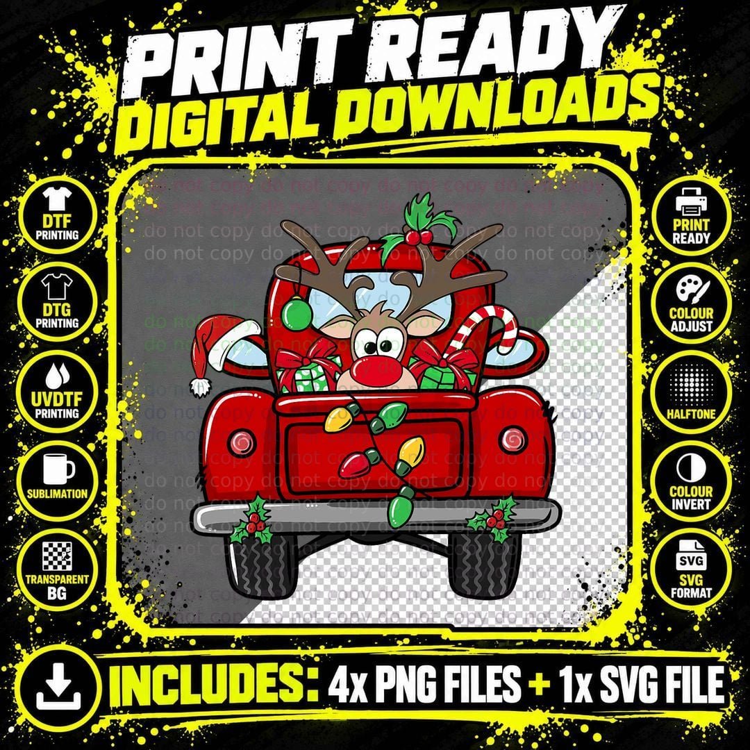 Funny Rudolph Reindeer on Red Truck Christmas Light Kids Png SVG Digital Bundle