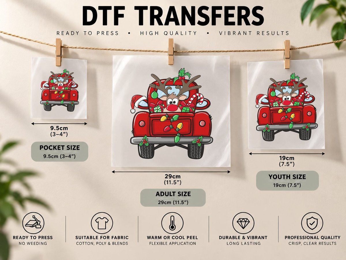 Funny Rudolph Reindeer on Red Truck Christmas Light Kids DTF Transfer Iron On