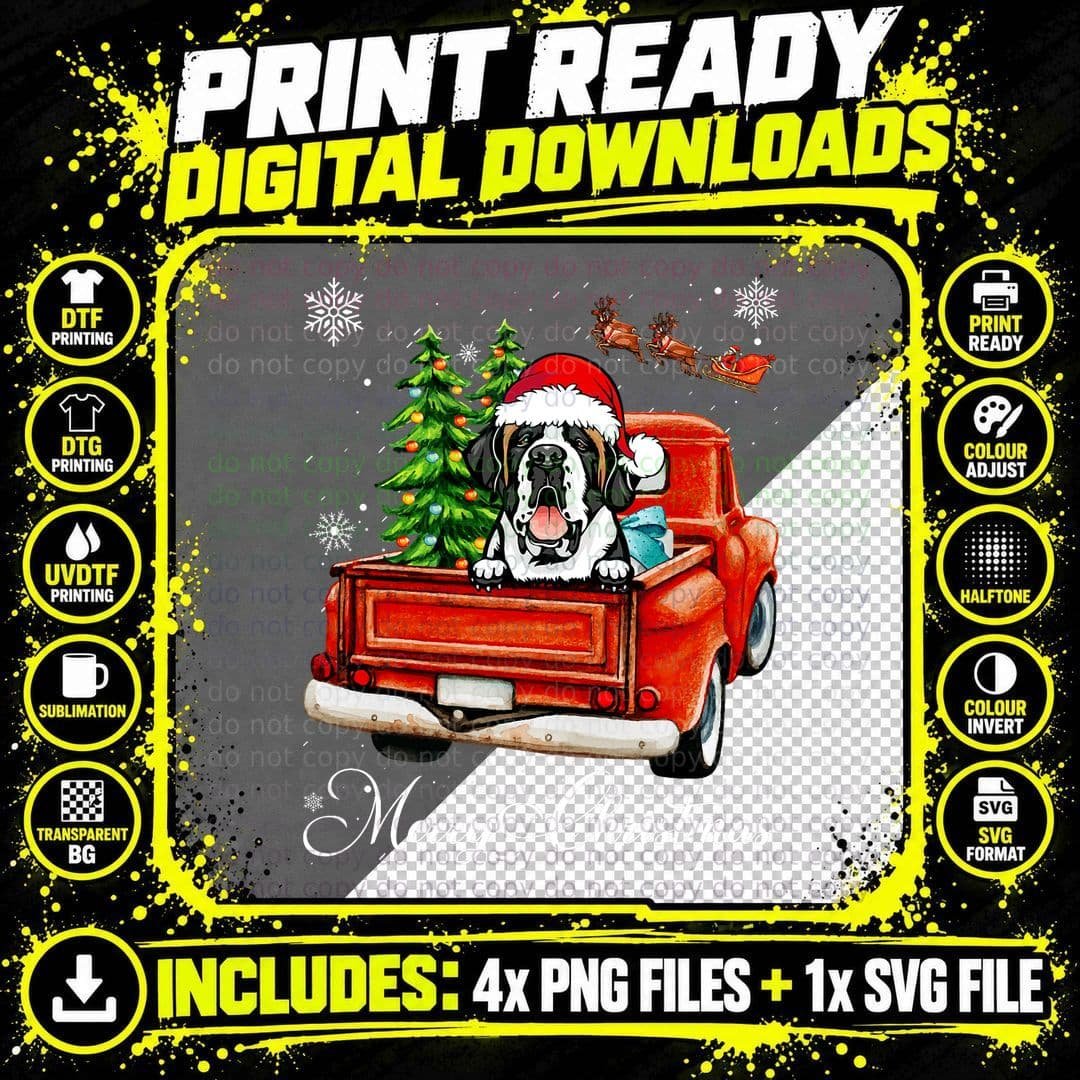 Funny Saint Bernard Ride Red Truck Merry Christmas Png SVG Digital Bundle