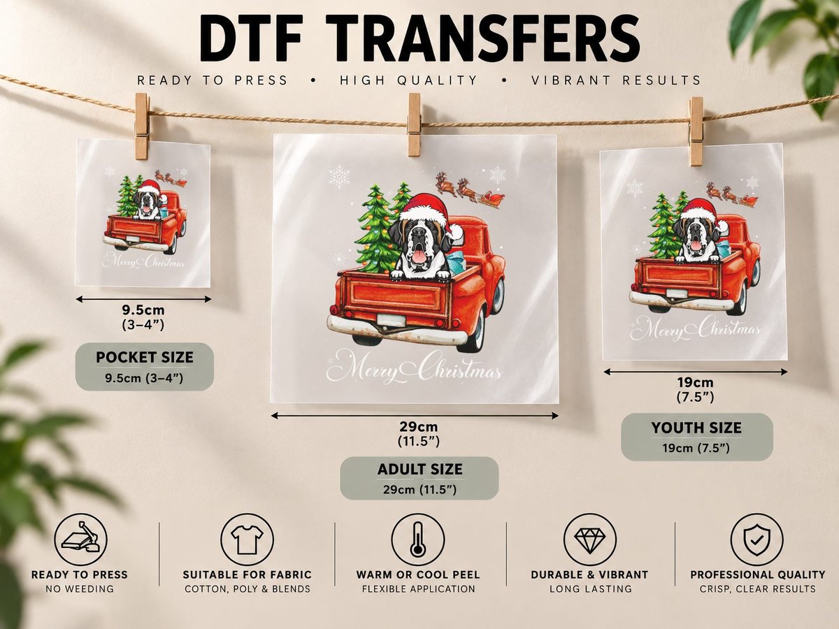 Funny Saint Bernard Ride Red Truck Merry Christmas Pajama DTF Transfer Iron On