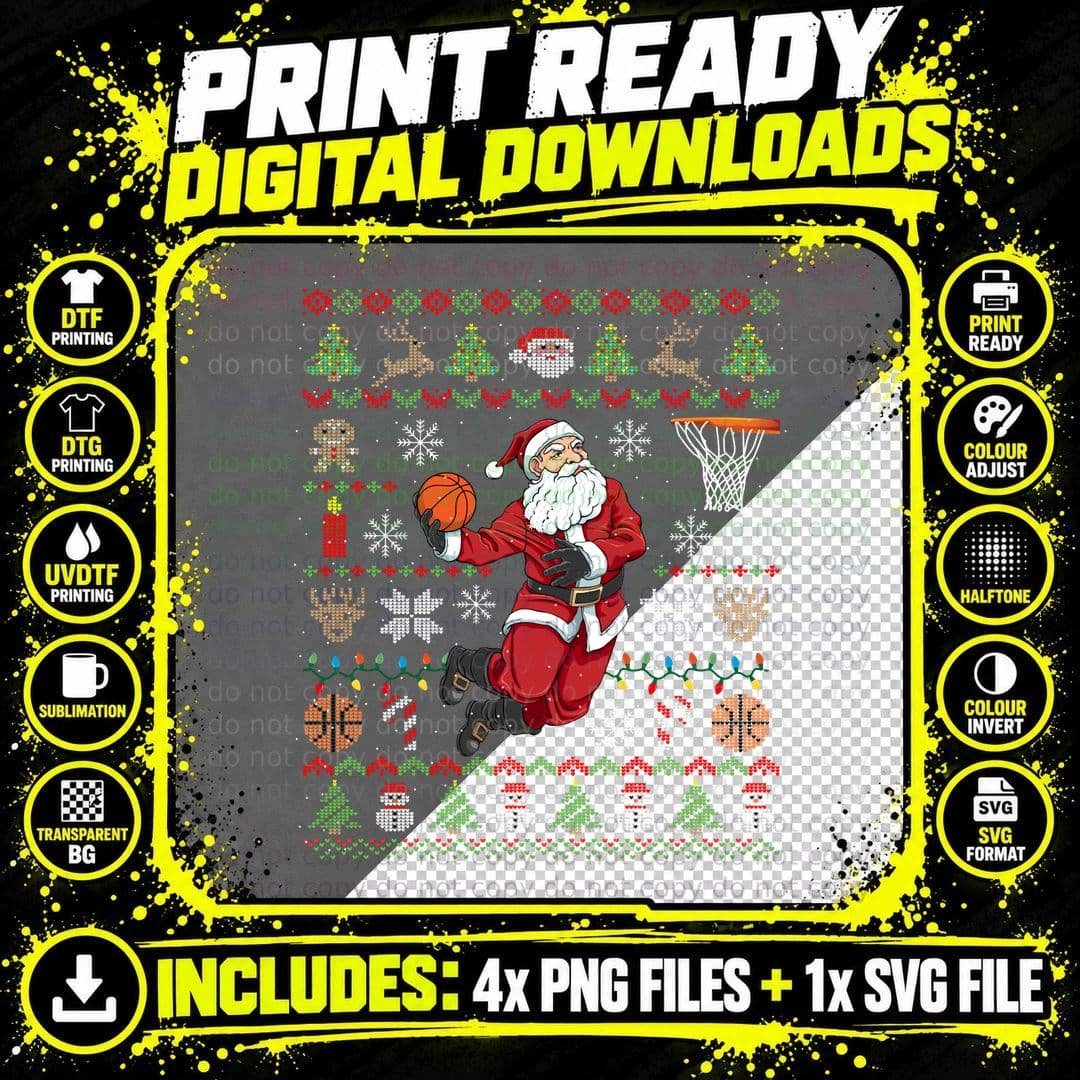 Funny Santa Ugly Christmas Basketball Dunking Png SVG Digital Bundle