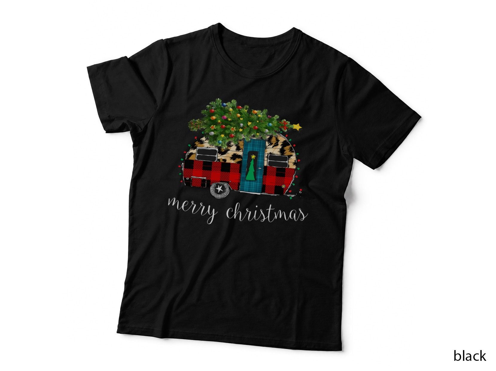 Funny Truck Camping Camper Christmas Buffalo Plaid Leopard T-Shirt