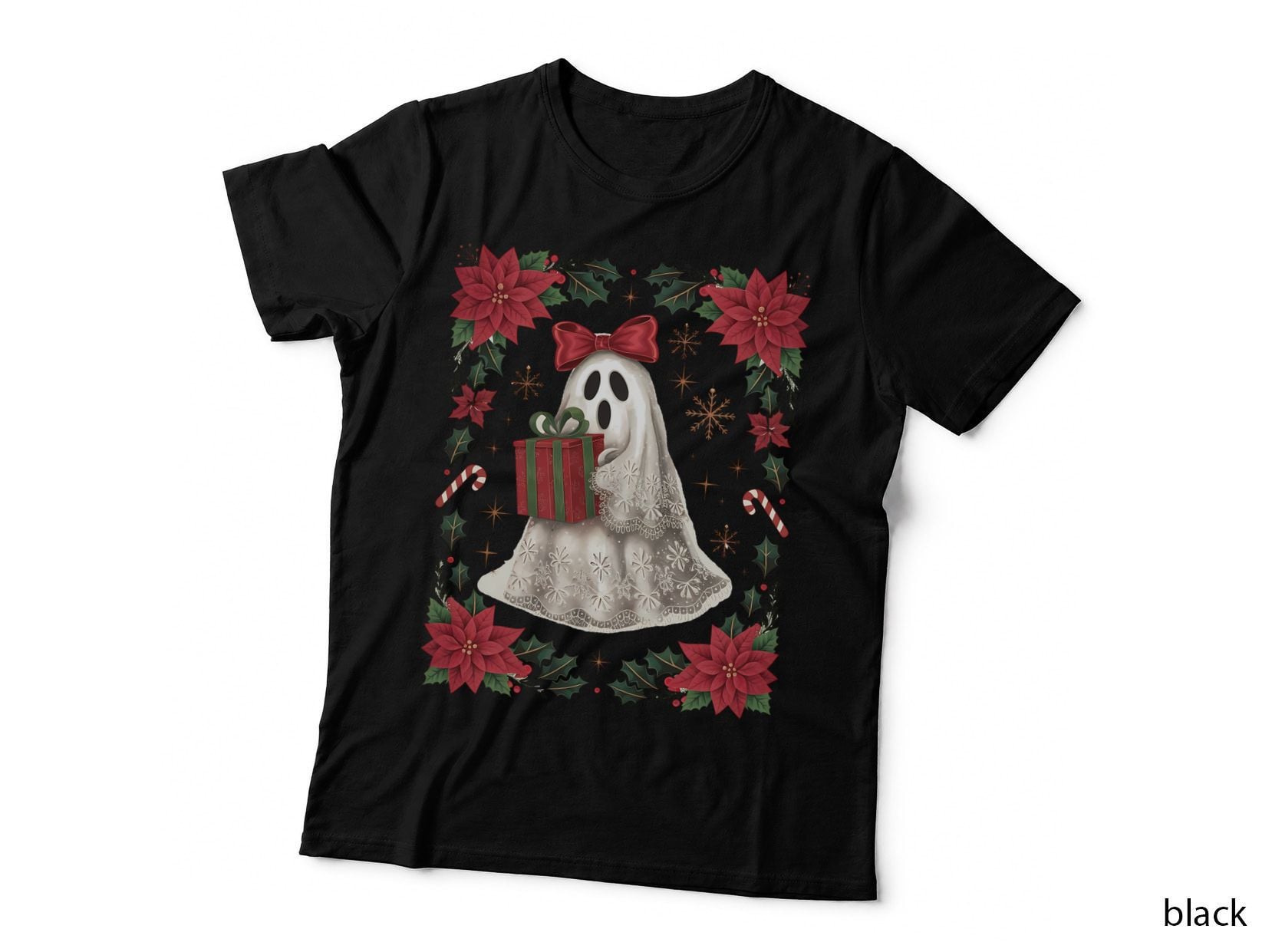 Ghost with Red Bow Gift Christmas T-Shirt, Funny Xmas Graphic Tee