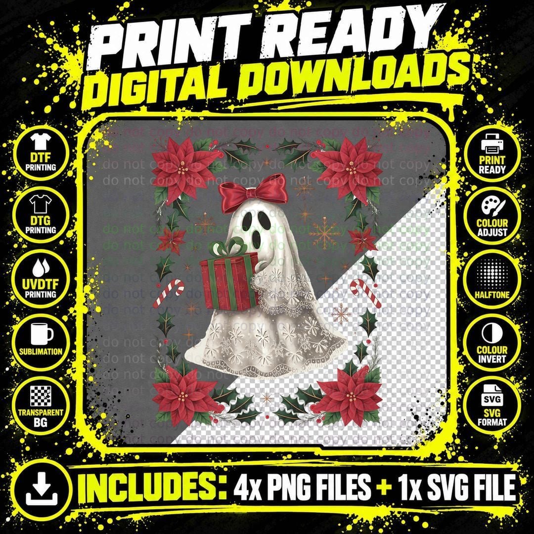 Ghost with Red Bow Gift Christmas T-Shirt Png SVG Digital Bundle