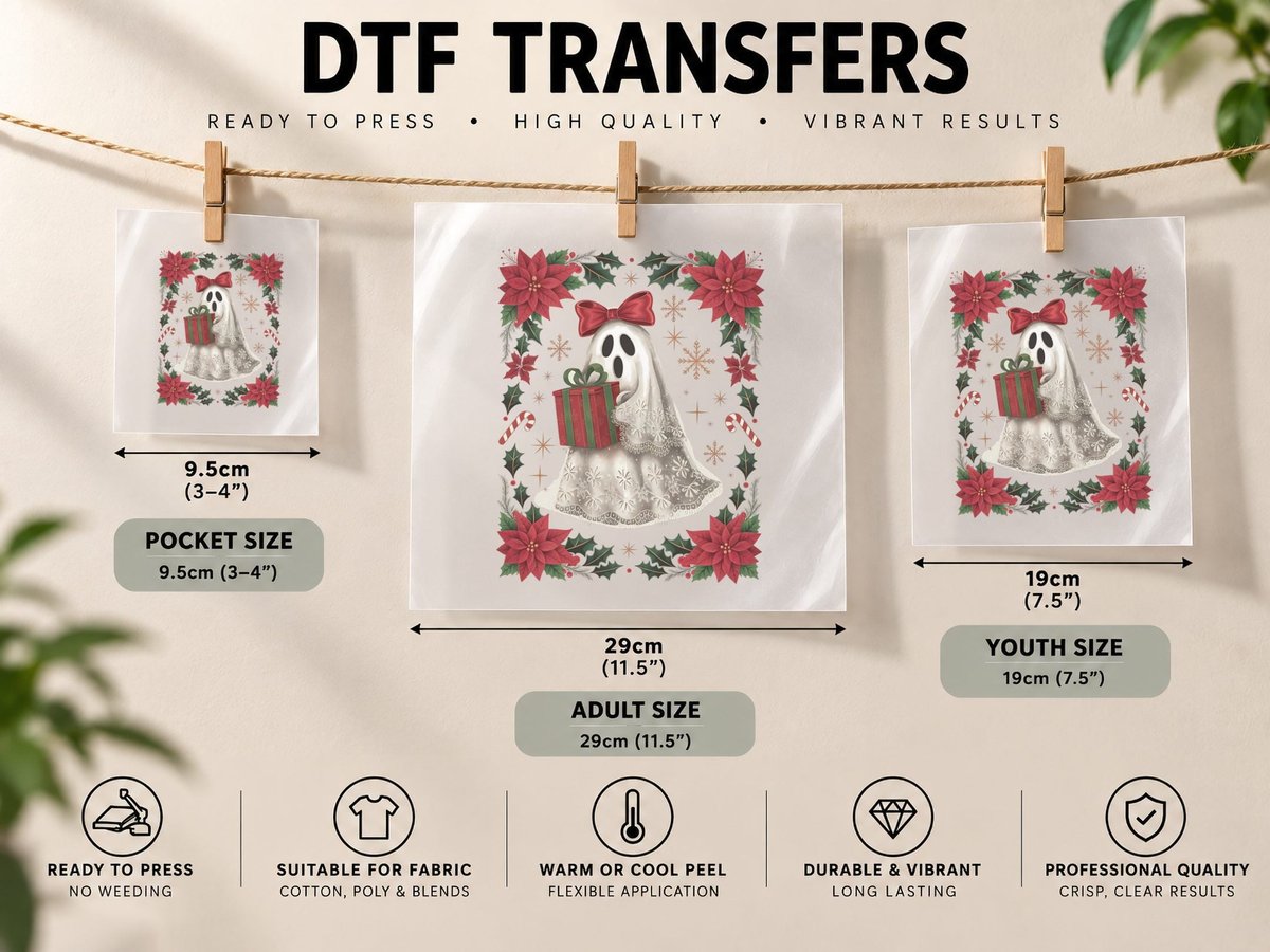 Ghost with Red Bow Gift Christmas, Funny Xmas Graphic DTF Transfer Iron On
