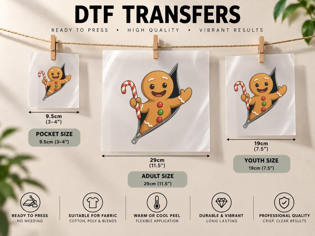 Gingerbread Zipper Fun Pose Christmas, Funny Xmas Graphic DTF Transfer Iron On