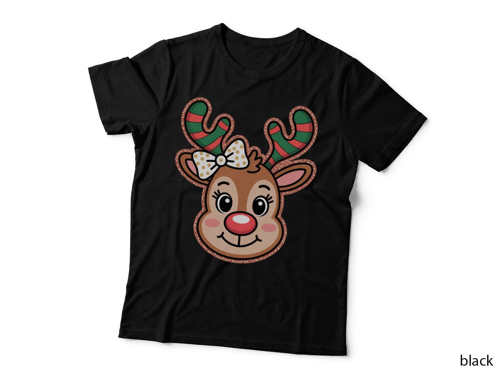 Glitter Reindeer Bow Christmas T-Shirt, Funny Xmas Graphic Tee, Xmas Humor Shirt