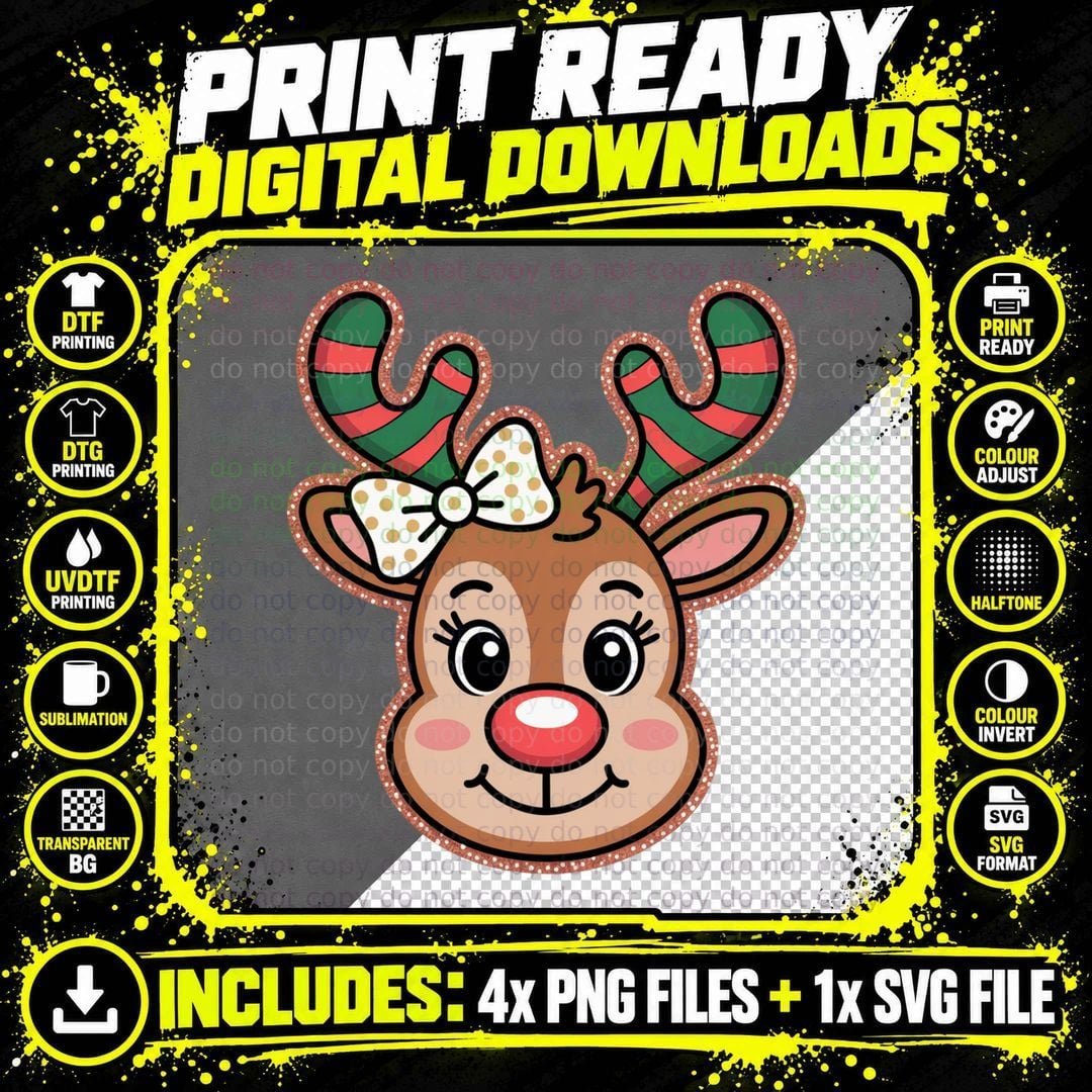 Glitter Reindeer Bow Christmas T-Shirt Png SVG Digital Bundle