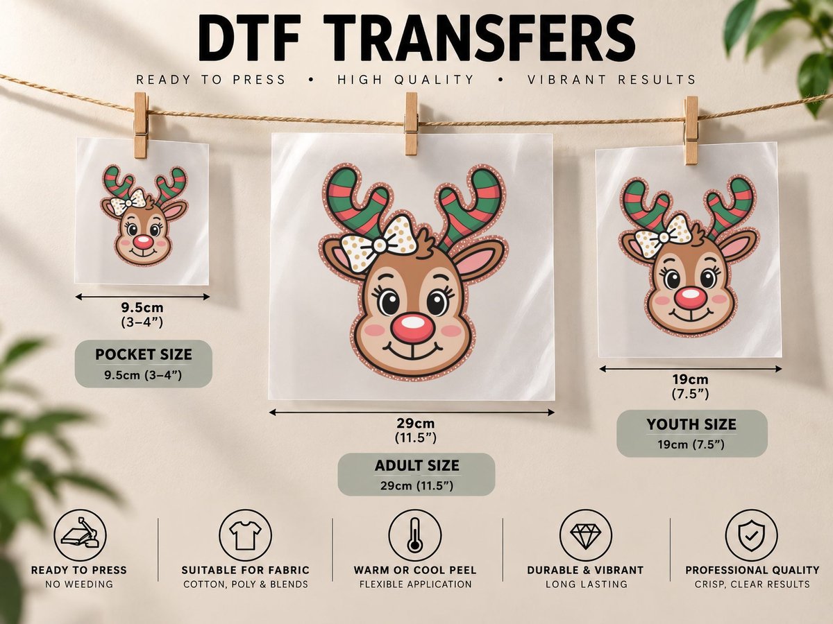 Glitter Reindeer Bow Christmas, Funny Xmas Graphic DTF Transfer Iron On