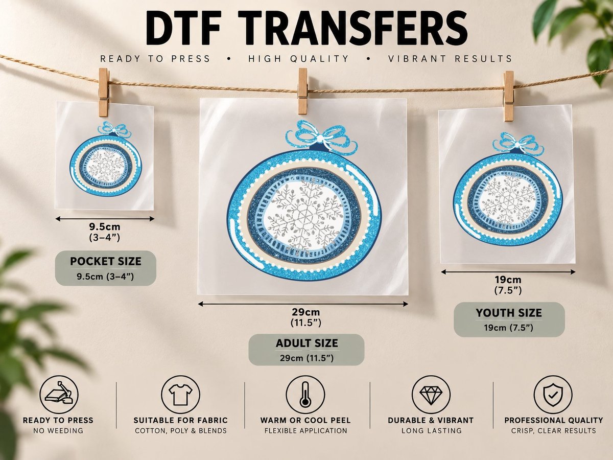 Glittery Blue Christmas Ornament with Snowflakes Winter DTF Transfer Iron On