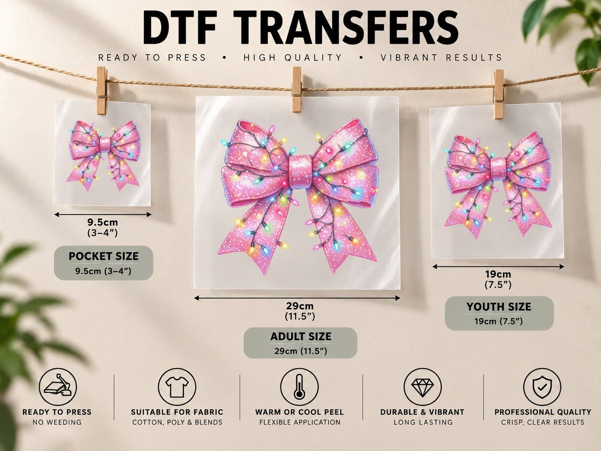 Glittery Pink Bow with Lights Christmas Coquette DTF Transfer Iron On