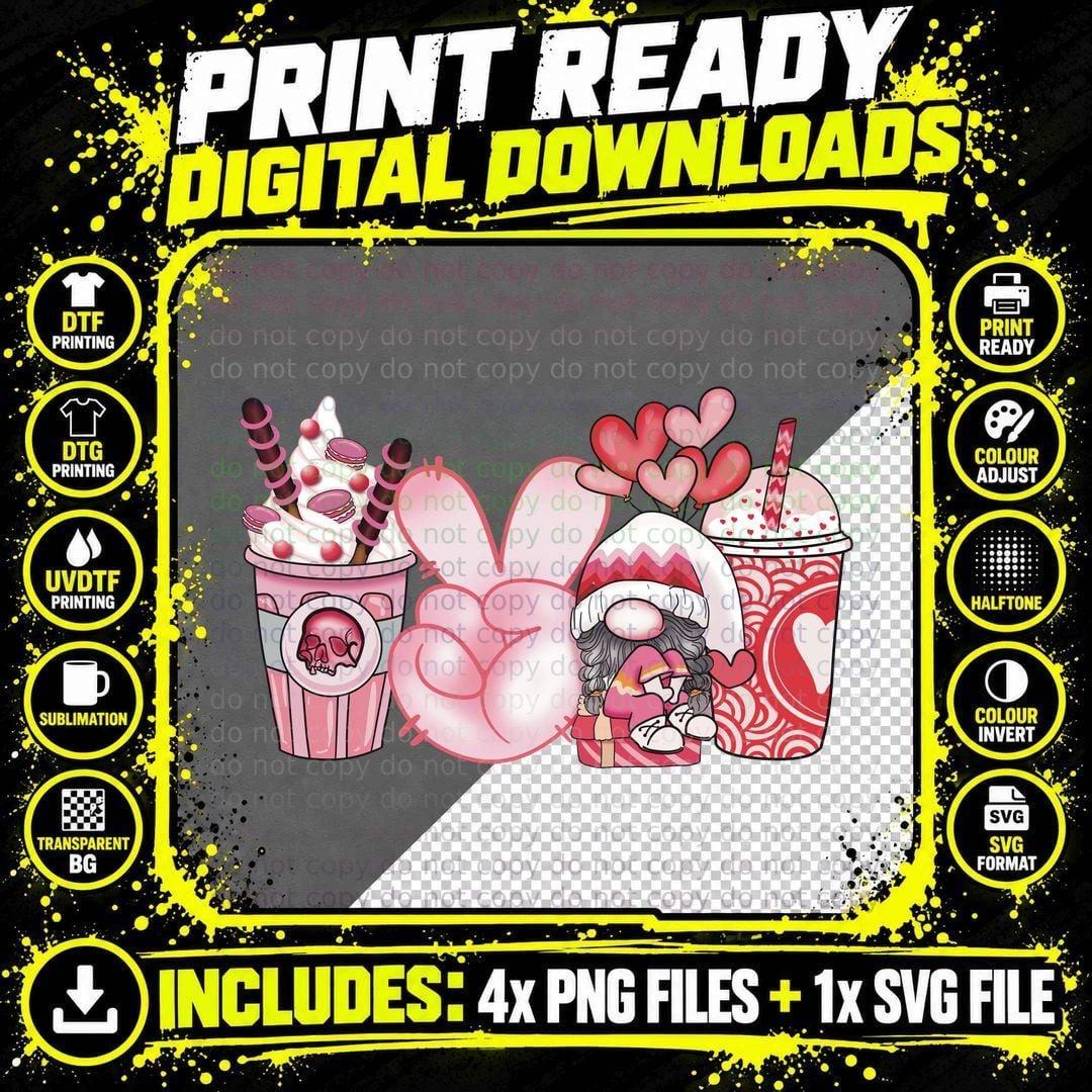 Gnome Birthday Character Coffee Cups Hearts Festive Png SVG Digital Bundle