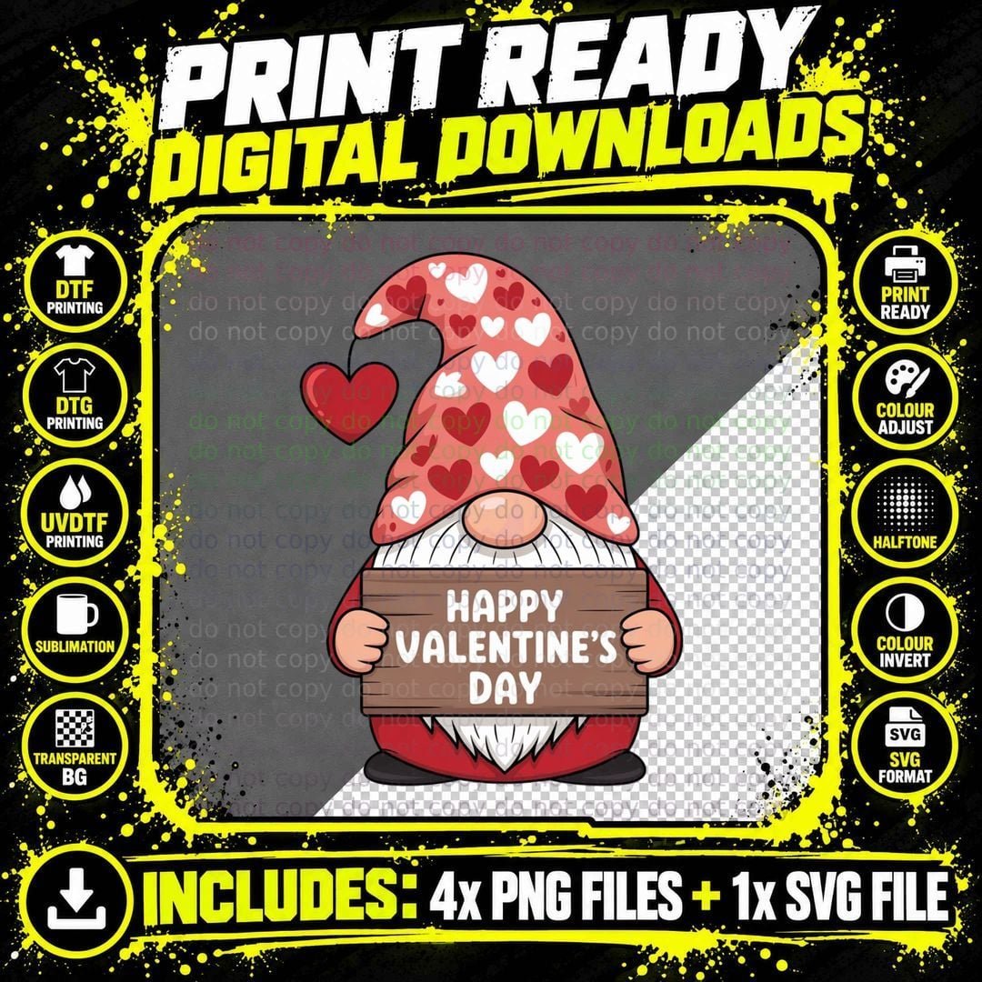 Gnome Card Happy Valentine's Day with Heart Festive Png SVG Digital Bundle