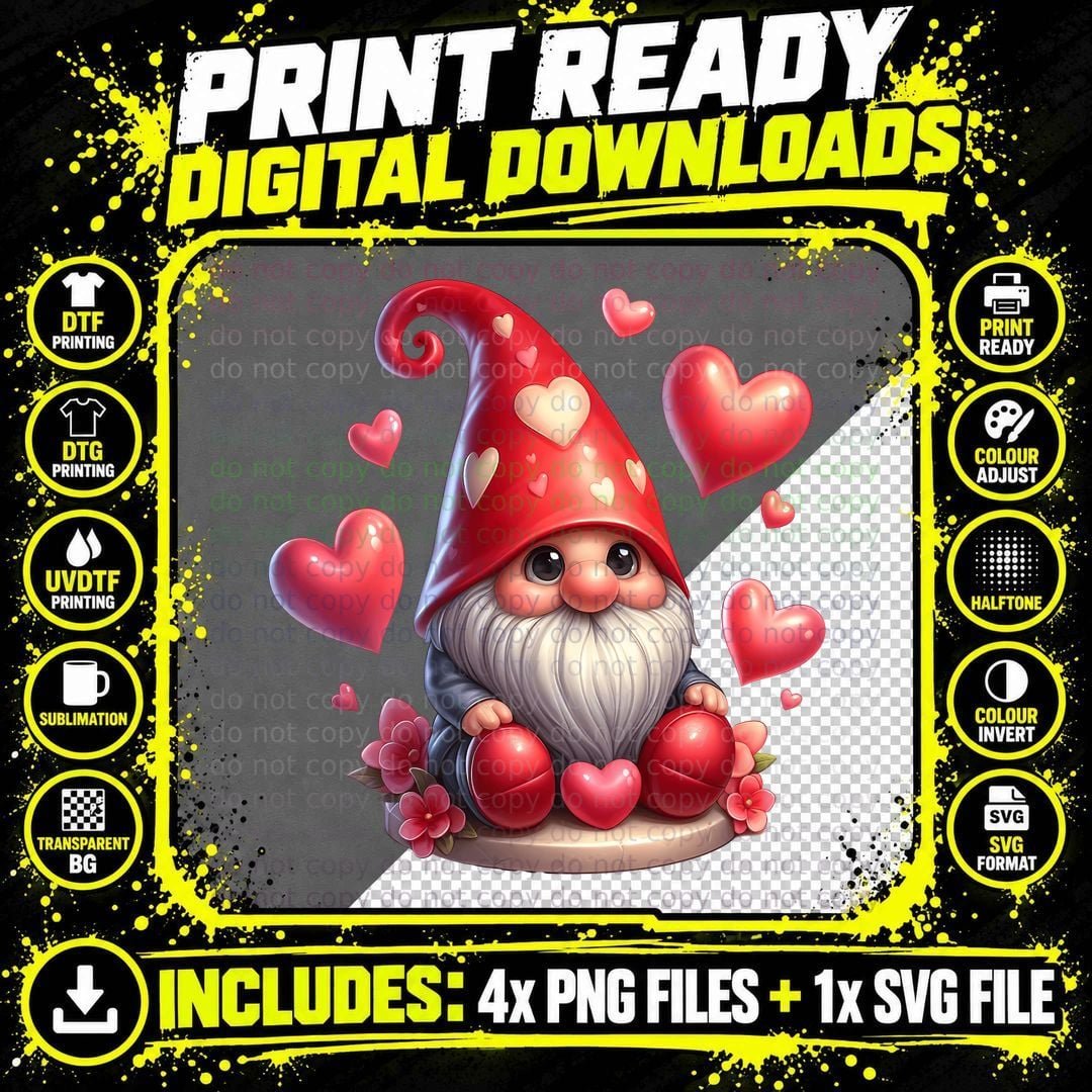 Gnome Love Red Cone Heart Balloons Pink Festive T-Shirt Png SVG Digital Bundle