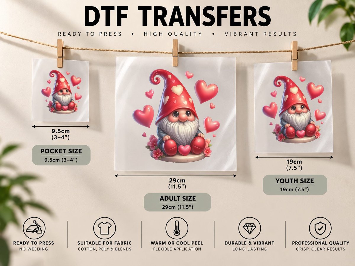Gnome Love Red Cone Heart Balloons Pink Festive DTF Transfer Iron On