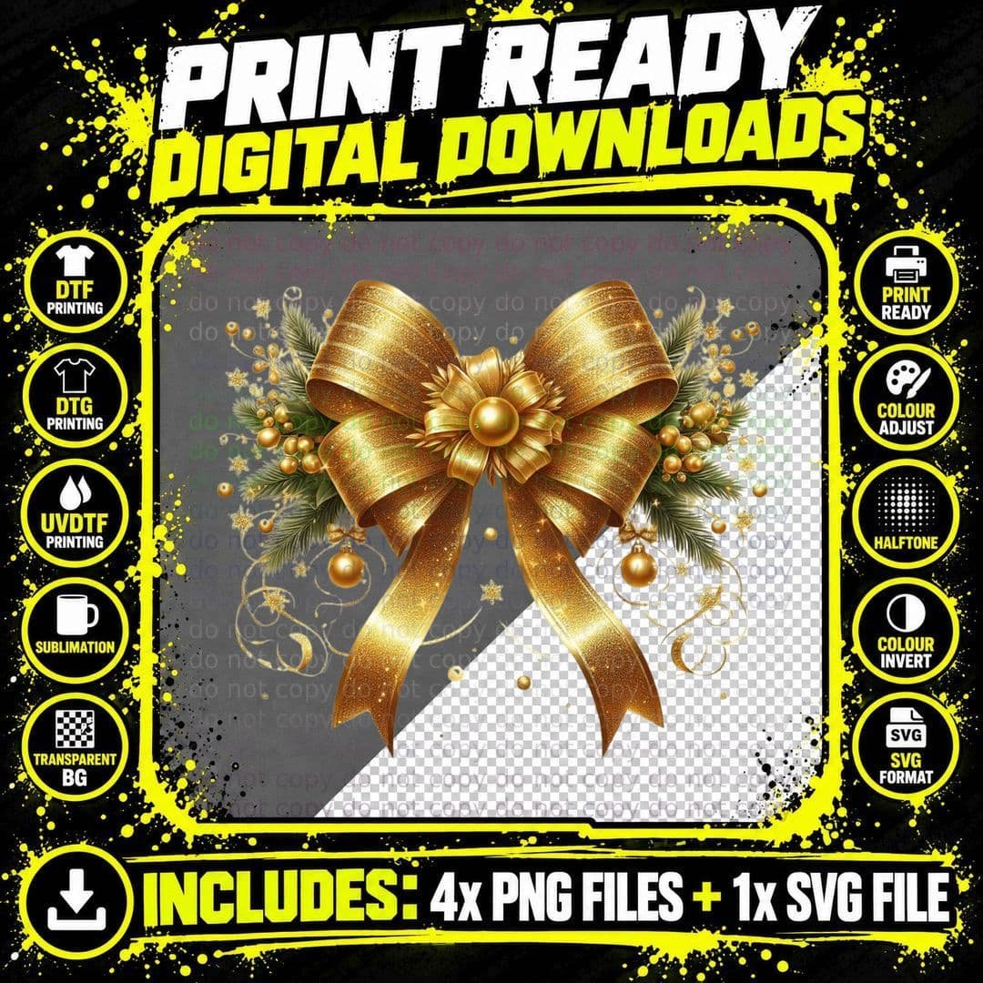 Golden Christmas Bow with Berries and Pine Happy New Png SVG Digital Bundle