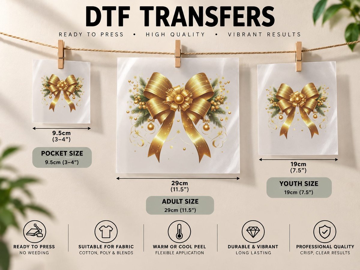 Golden Christmas Bow with Berries and Pine Happy New Year DTF Transfer Iron On