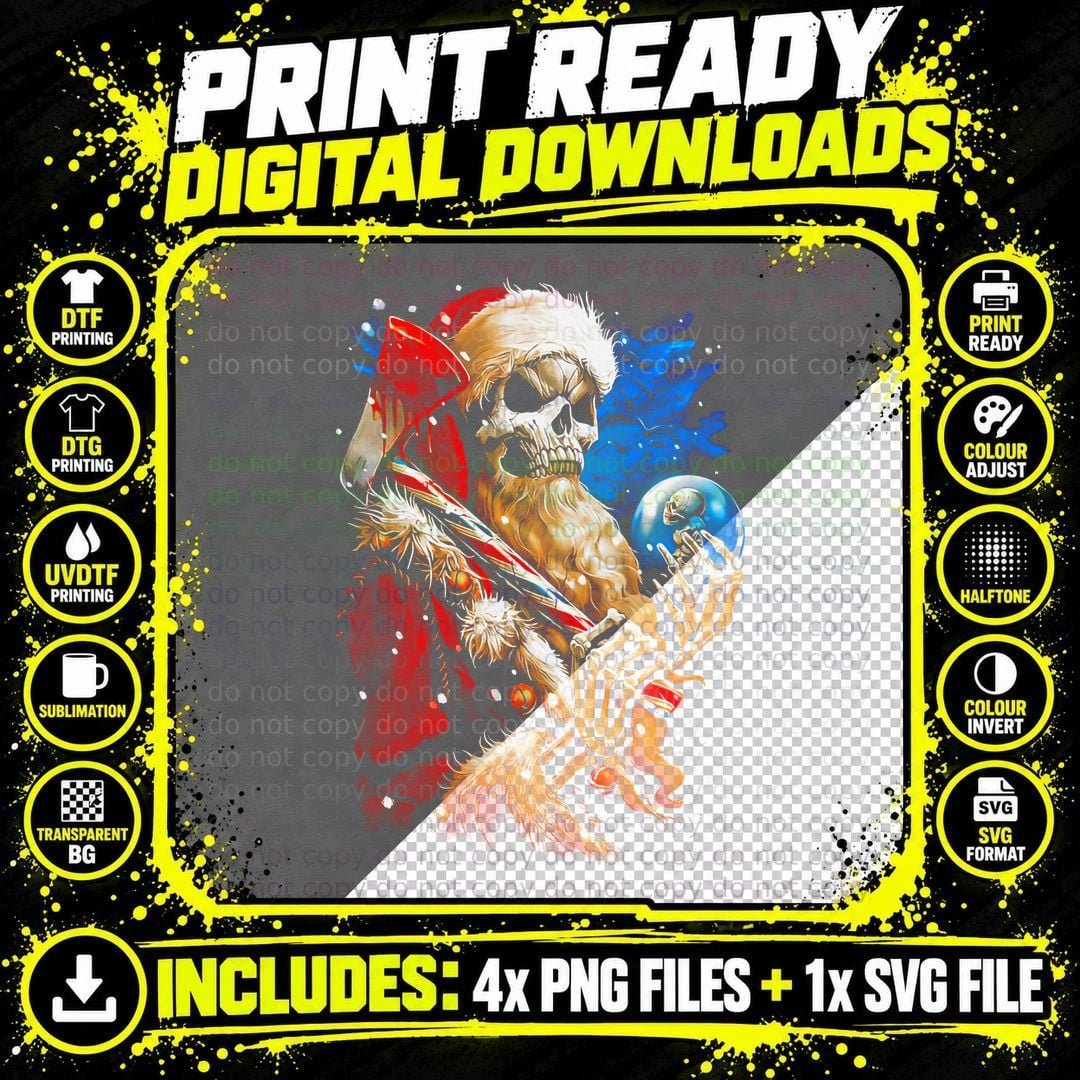 Golden Skull Santa Red Cloak Blue Sphere Holiday T-Shirt Png SVG Digital Bundle