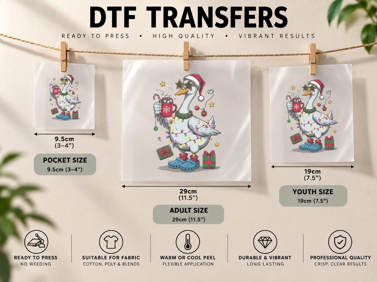 Goose Santa Hat Lights Christmas, Funny Xmas Graphic DTF Transfer Iron On