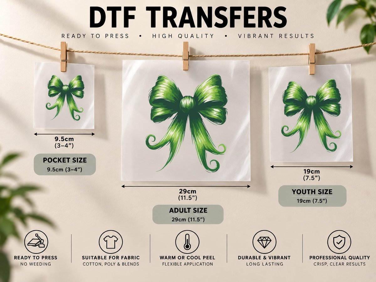 Green Bow Ribbon Illustration Christmas Coquette DTF Transfer Iron On