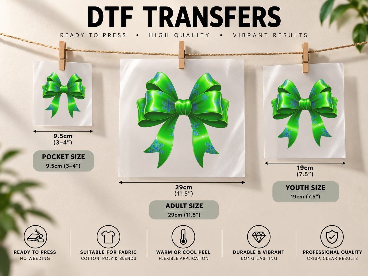 Green Bow with Snowflakes Christmas Coquette DTF Transfer Iron On