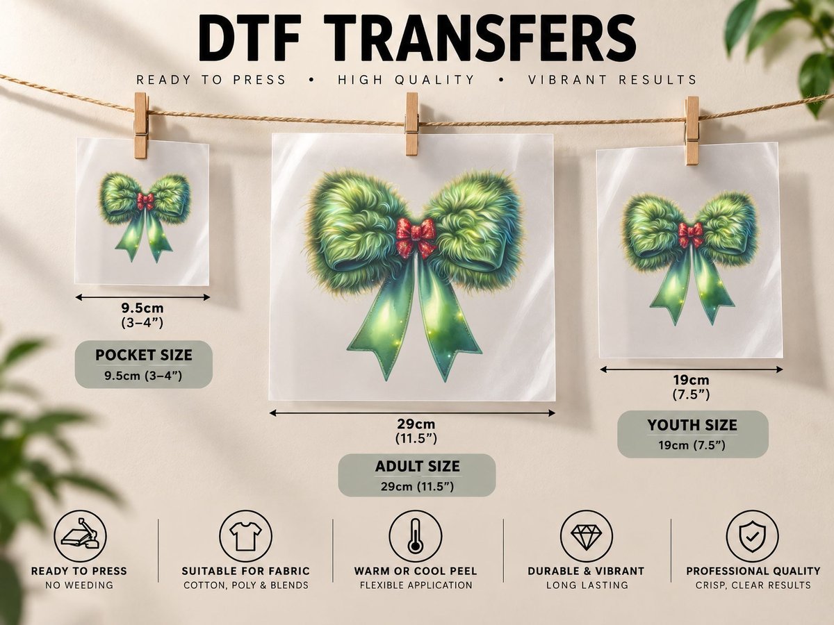 Green Fluffy Bow with Red Glitter Center Christmas Coquette DTF Transfer Iron On
