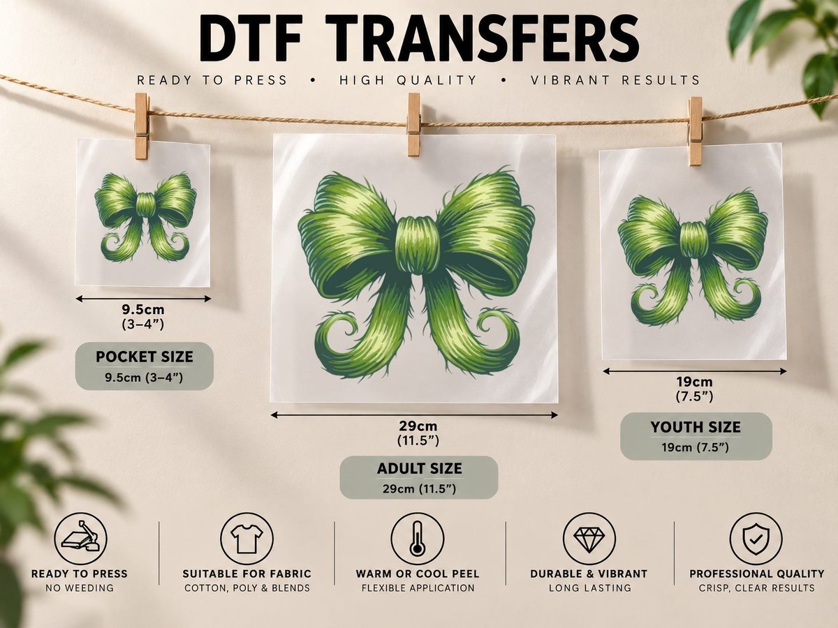 Green Leafy Bow Design Christmas Coquette DTF Transfer Iron On