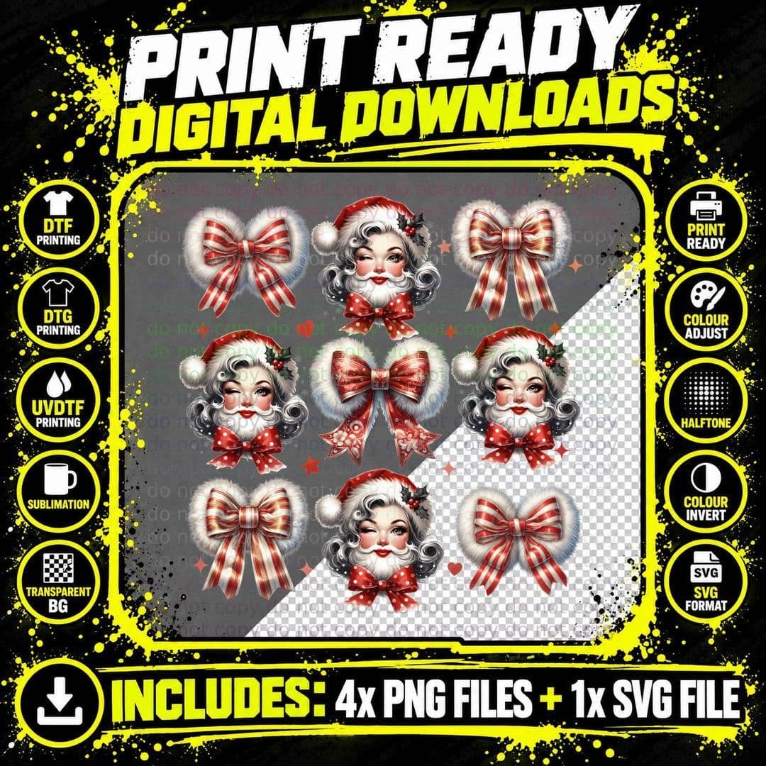 Grid Santa Faces Bows Christmas T-Shirt Png SVG Digital Bundle