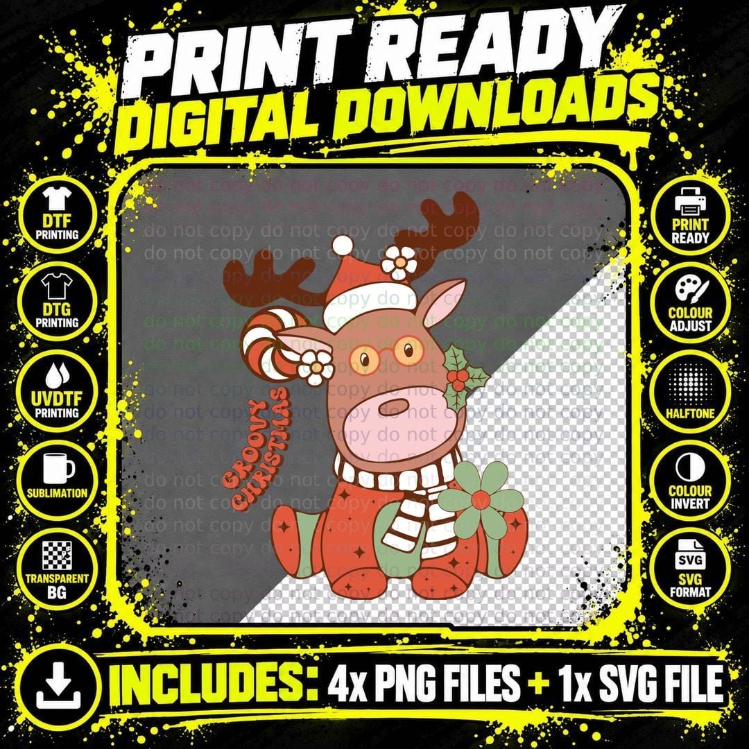 Groovy Christmas T-Shirt, Festive Reindeer with Candy Png SVG Digital Bundle