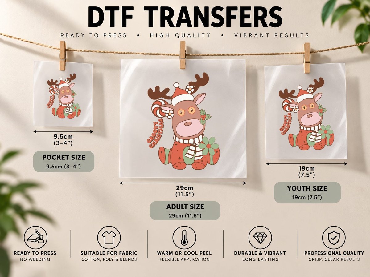 Groovy Christmas, Festive Reindeer with Candy Cane Graphic DTF Transfer Iron On