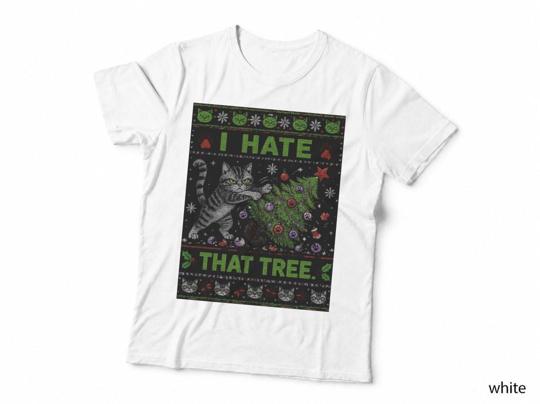 Grumpy Cat Christmas Ugly Sweater Funny Feline Holiday Knit Cat Halftone T-Shirt