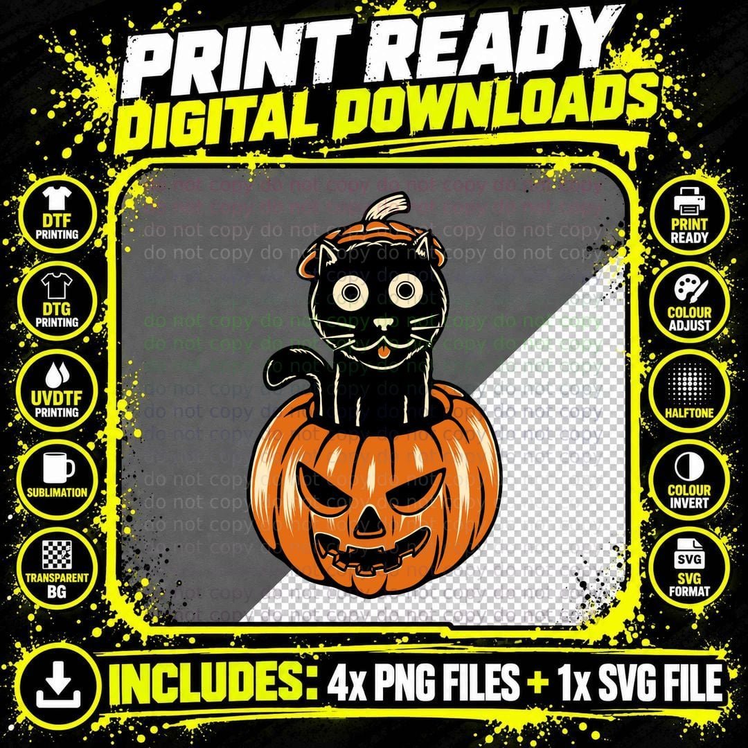 Halloween Cat Pumpkin Black in Jack-O-Lantern Festive Png SVG Digital Bundle