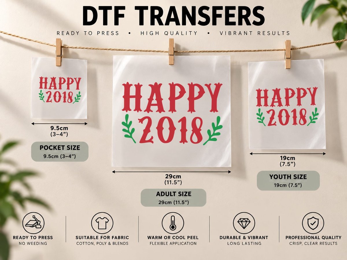 Happy 2018 Holiday Red Green Leaves Festive DTF Transfer Iron On