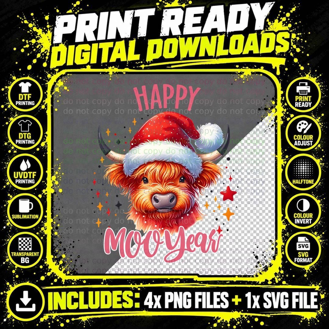 Happy Moo Year Highland Cow T-Shirt Png SVG Digital Bundle