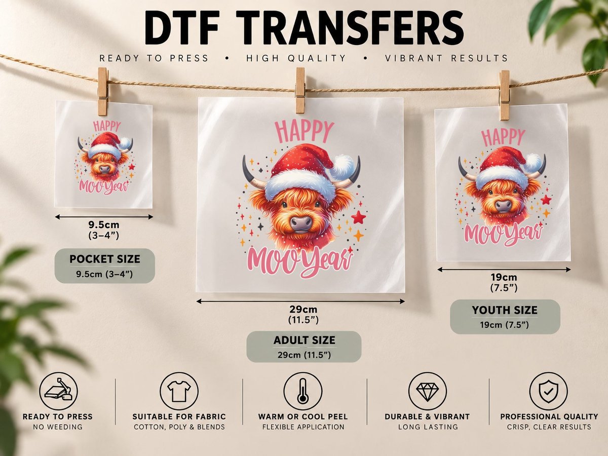 Happy Moo Year Highland Cow, Highland Cow Wearing Santa DTF Transfer Iron On