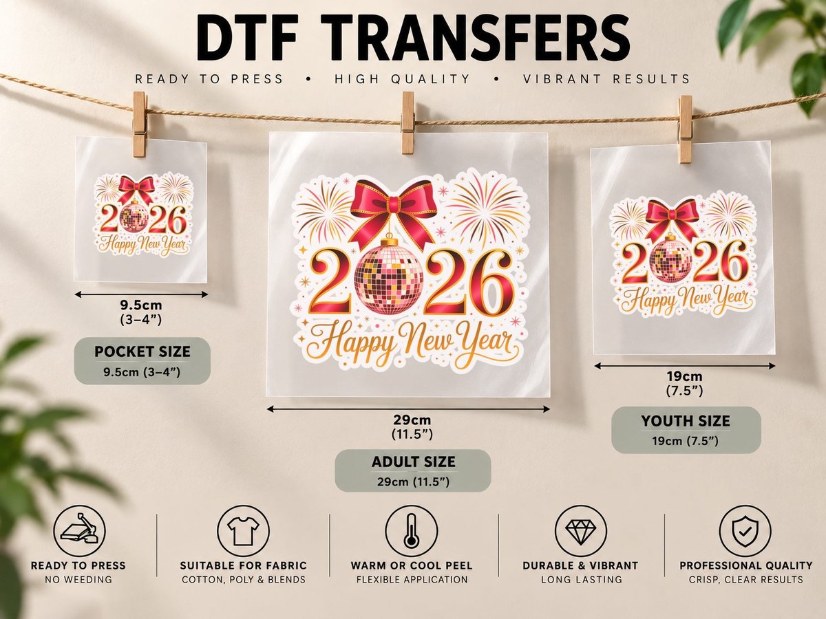 Happy New Year 2026 Happy New Year, Festive New Year DTF Transfer Iron On