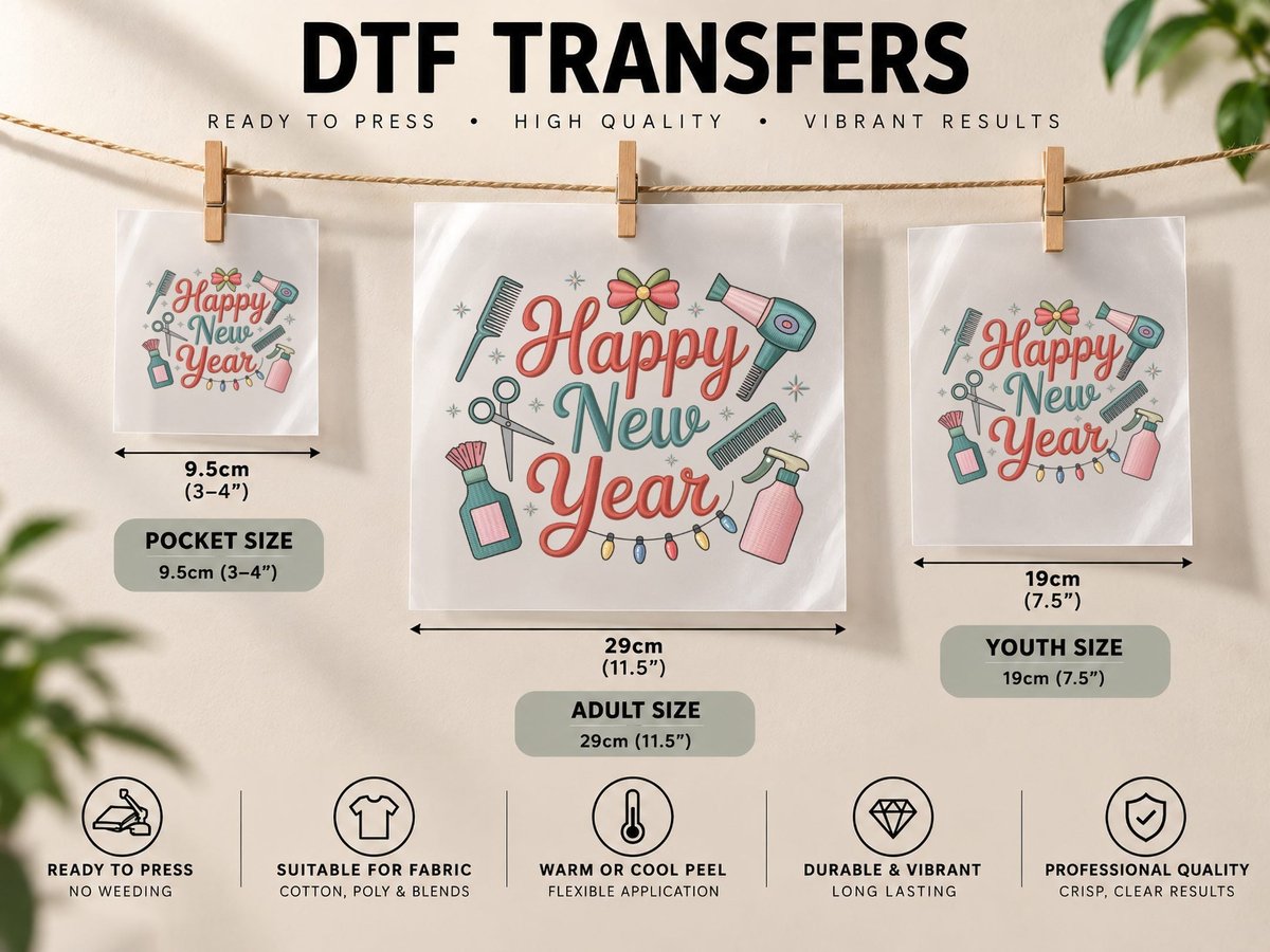 Happy New Year Barber, Hair Salon Tools with Festive DTF Transfer Iron On