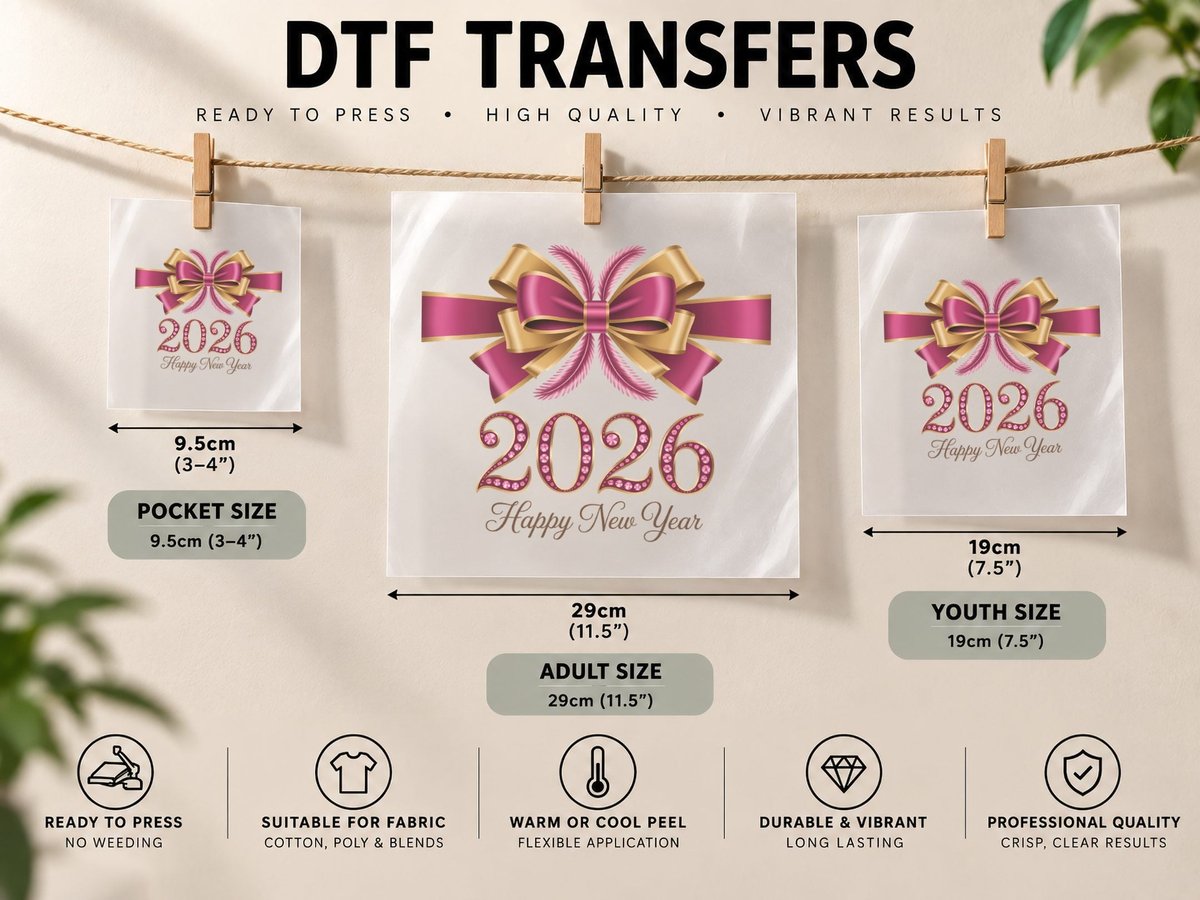 Happy New Year Happy New Year, Festive Bow with Glittering DTF Transfer Iron On