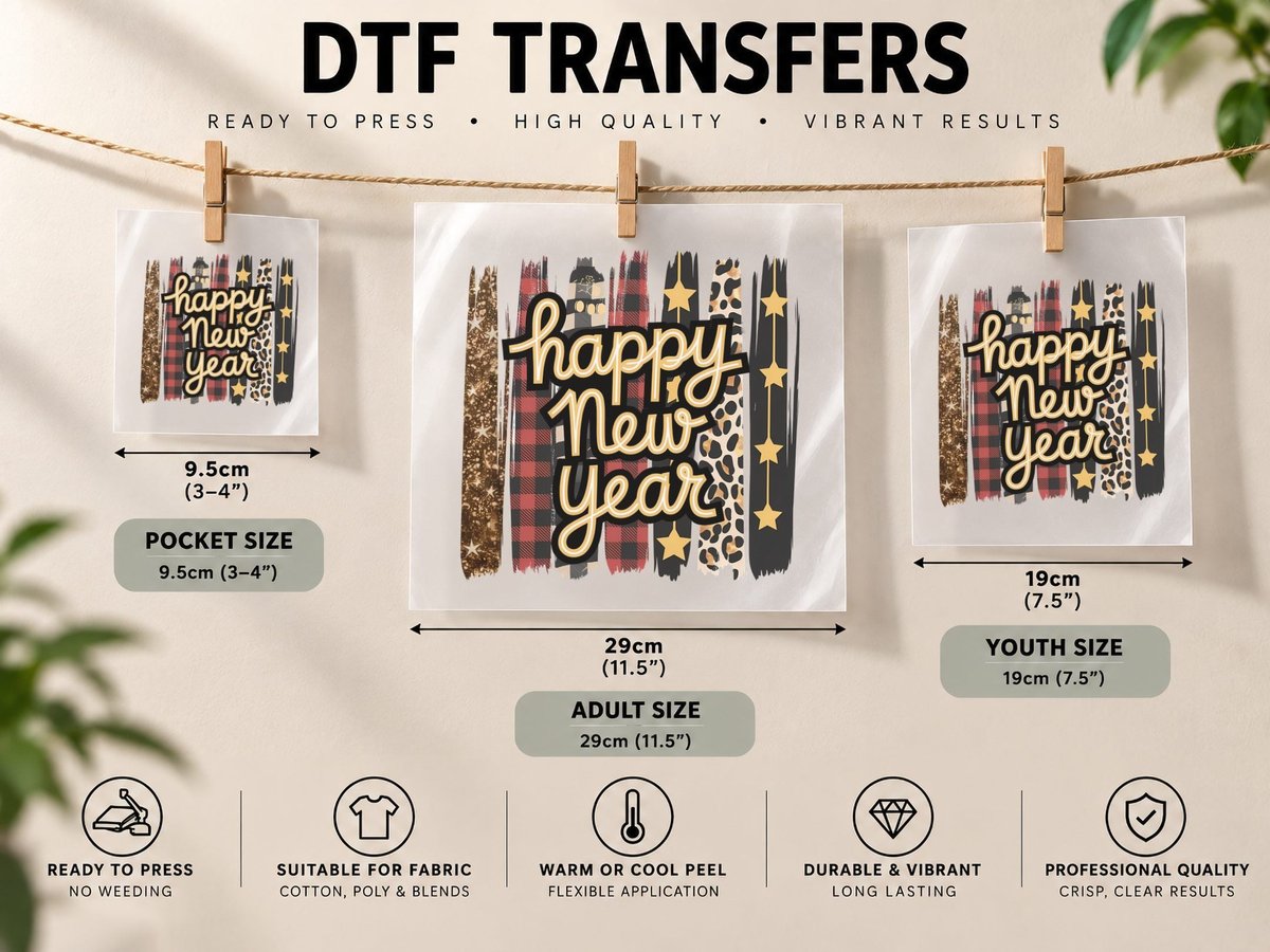 Happy New Year Happy New Year, Festive New Year's Pattern DTF Transfer Iron On