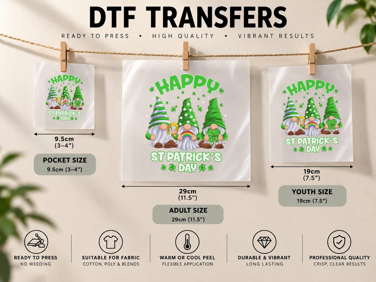 Happy St Patrick's Day Three Gnomes St Patricks Day, Irish DTF Transfer Iron On