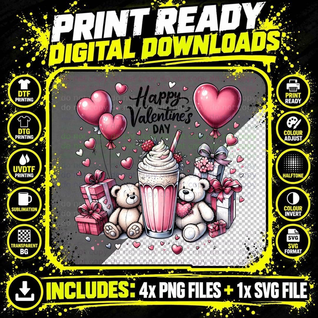 Happy Valentine's Day Teddy Bears Gifts Cupcake Hearts Png SVG Digital Bundle