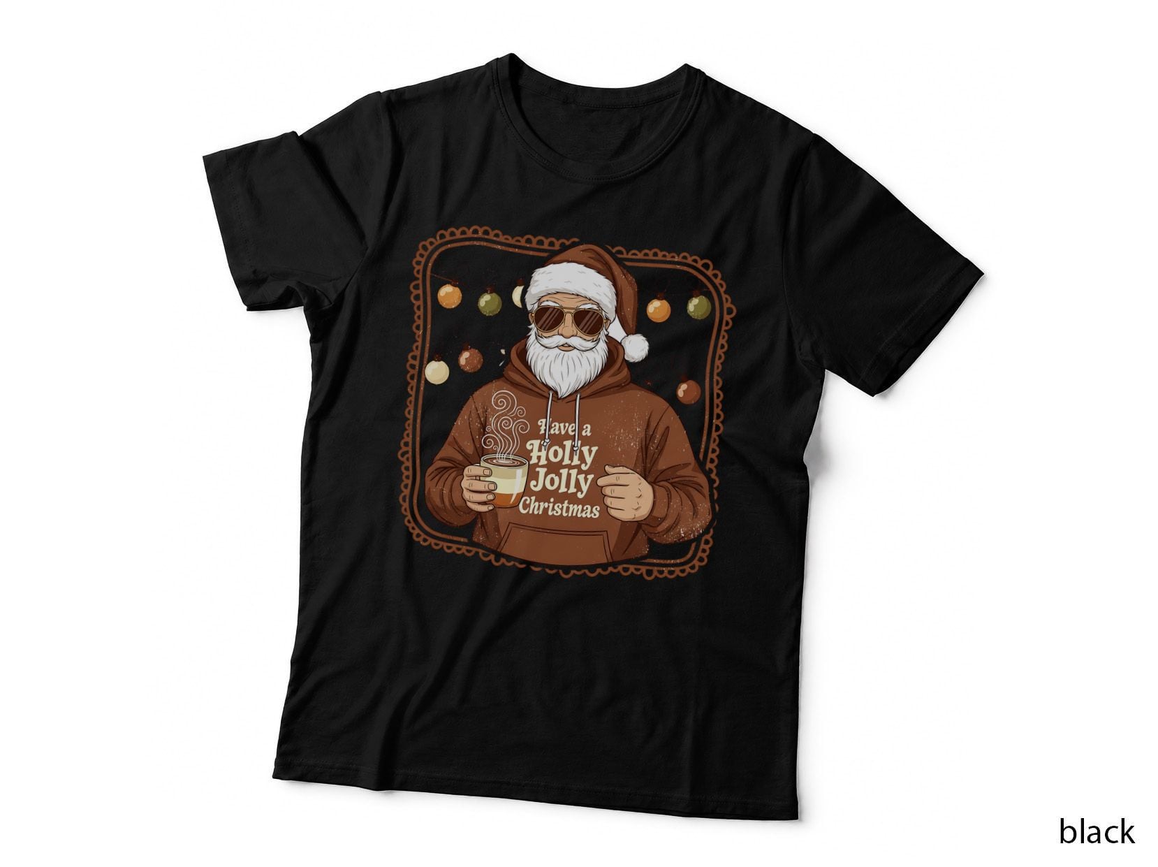 Have a Holly Jolly Christmas Heartbeat T-Shirt, Hipster Santa Holding Coffee