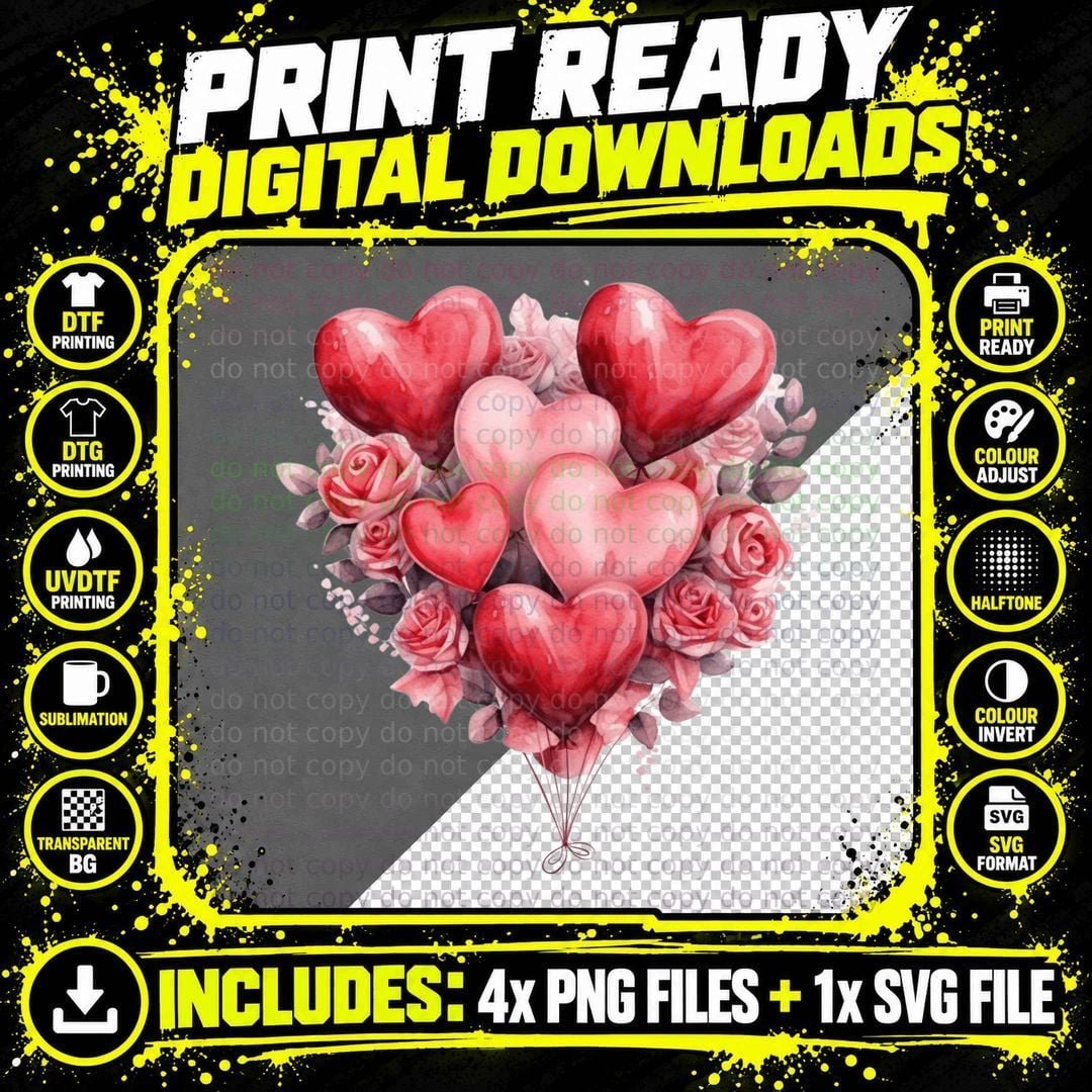 Heart Balloons Red with Roses Festive Romantic T-Shirt Png SVG Digital Bundle