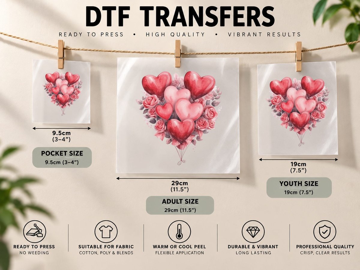 Heart Balloons Red with Roses Festive Romantic DTF Transfer Iron On