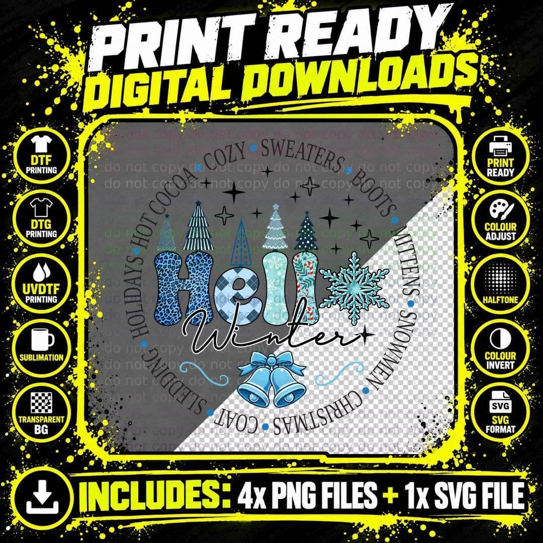 Hello Winter T-Shirt, Festive Winter Elements Graphic Tee Png SVG Digital Bundle