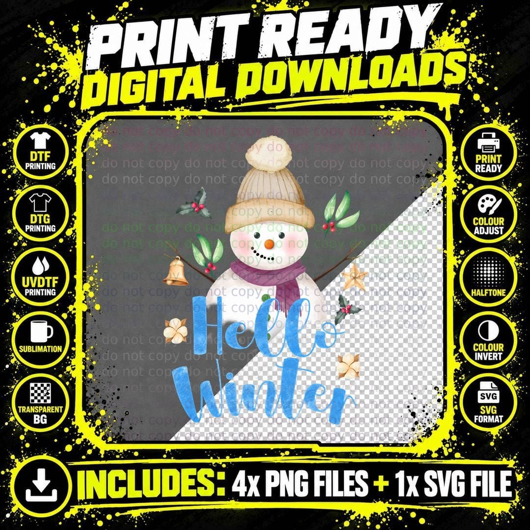 Hello Winter T-Shirt, Winter Snowman with Ornaments Png SVG Digital Bundle