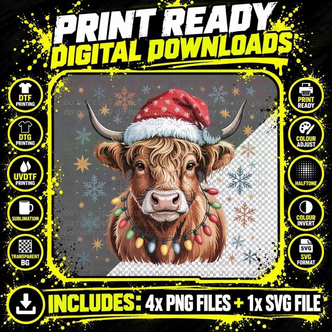 Highland Cow in Santa Hat with Lights Highland Cow Png SVG Digital Bundle