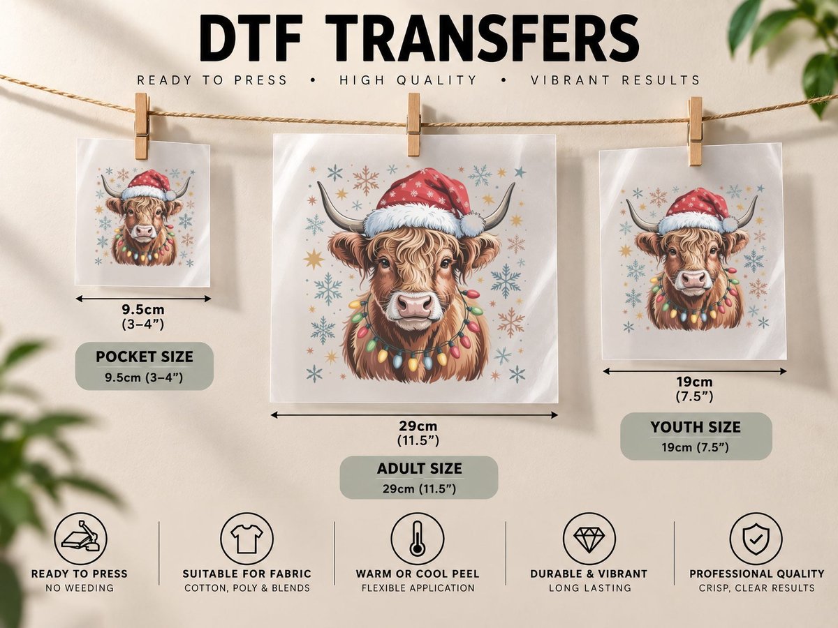 Highland Cow in Santa Hat with Lights Highland Cow DTF Transfer Iron On